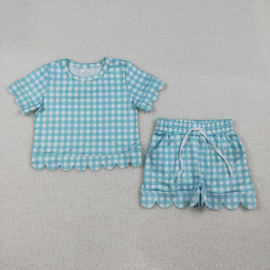 Baby Girls Kids Short Sleeves Plaid Shirt Scallop Shorts Clothes Set RTS