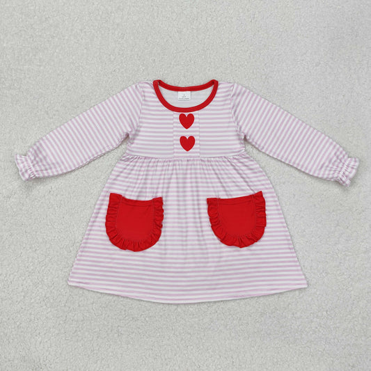 Baby Girl Long Sleeves Pink Stripes Heart Pocket Knee Length Dress
