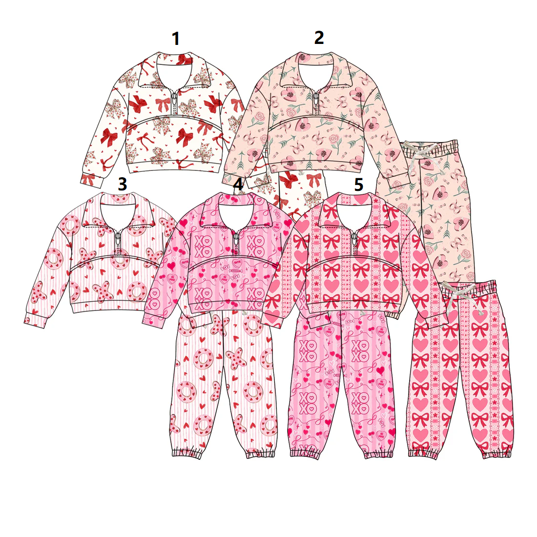 ( Moq 5 Each Style ) Sibling Baby Girls Long Sleeves Hearts Bows Zipper Shirt Pants Valentine Sets