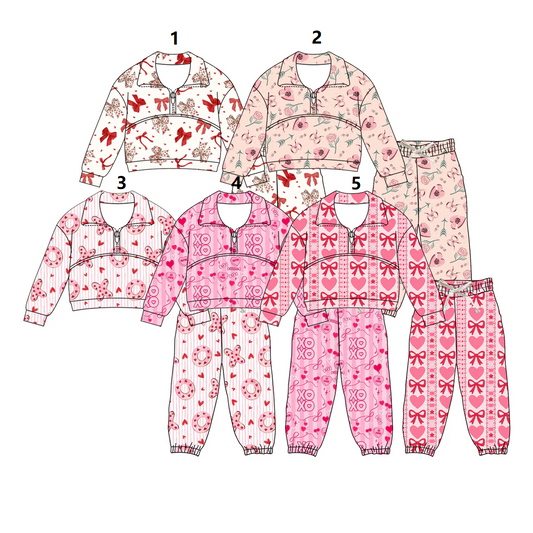 ( Moq 5 Each Style ) Sibling Baby Girls Long Sleeves Hearts Bows Zipper Shirt Pants Valentine Sets