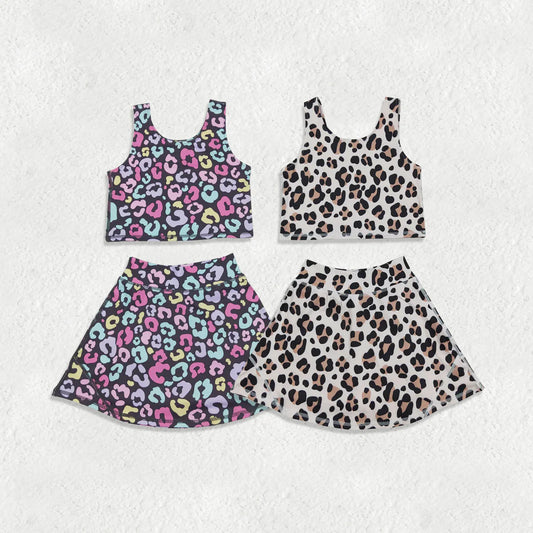 Sibling Baby Girls Kids Sleeveless Leopard Tops Skorts Shorts Yoga Active Sibling Sets RTS