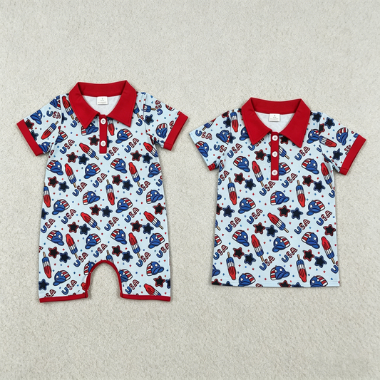 Sibling Baby Boys Kids Popsicle Hats 4th of July Buttons Shirt Romper Blue Clothes RTS