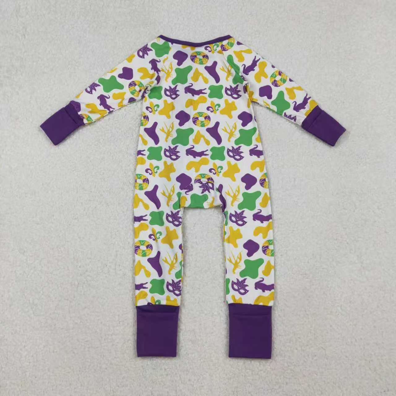 Sibling Toddler Kids Long Sleeves Mardi Gras Camo Zipper Romper Set Pajamas Clothes RTS