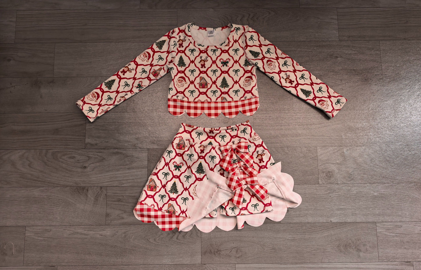 ( No moq ) Preorder Baby Girls Kids Christmas Santa Shirt Bows Scallop Skirt Shorts Yoga Active Set Clothes