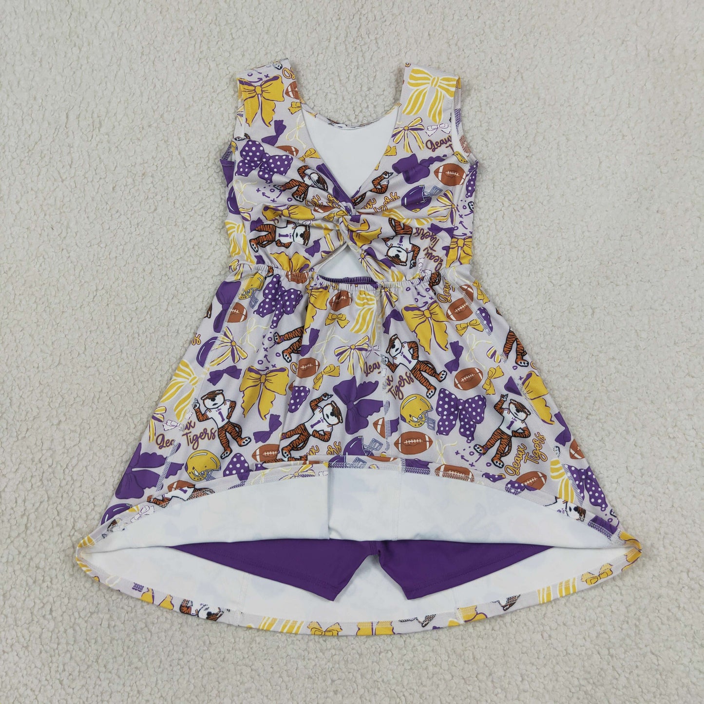 Baby Girls Kids Sleeveless Tigers Bows Football Yoga Team Knee Length Dress RTS