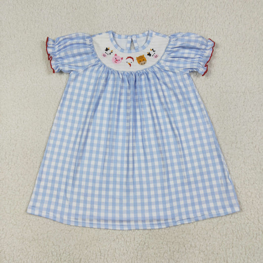 Baby Girl Short Sleeves Embroidery Farm Animals Blue Plaid Smocked Dress RTS