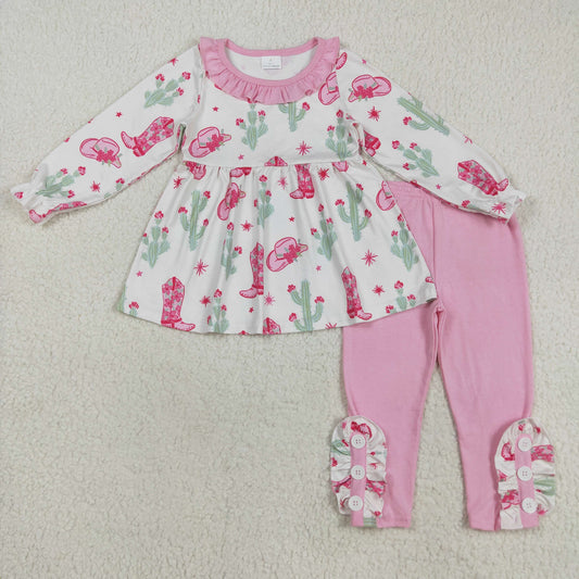 Baby Girl Long Sleeves Boots Cactus Tunic Pink Pants Western Set RTS