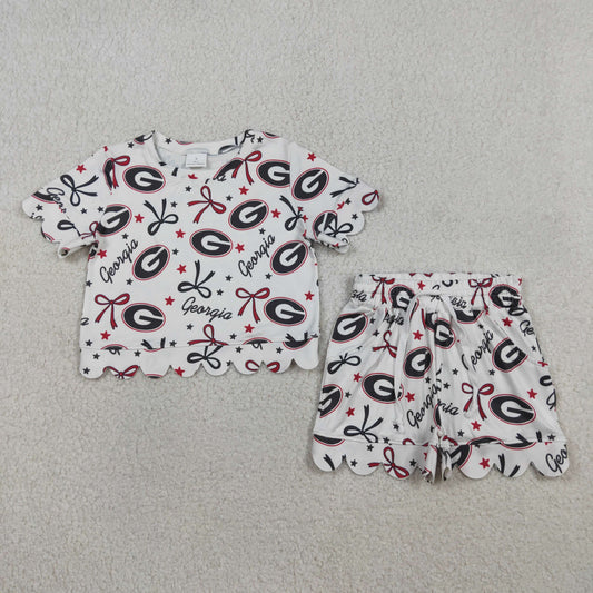 Baby Girls Kids Short Sleeves Red Green Bows Team Shirt Scallop Shorts Summer Set RTS