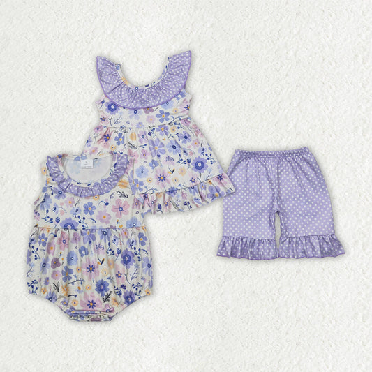 Baby Girl Sleeveless Purple Flower Sibling Ruffle Set Romper Clothes RTS