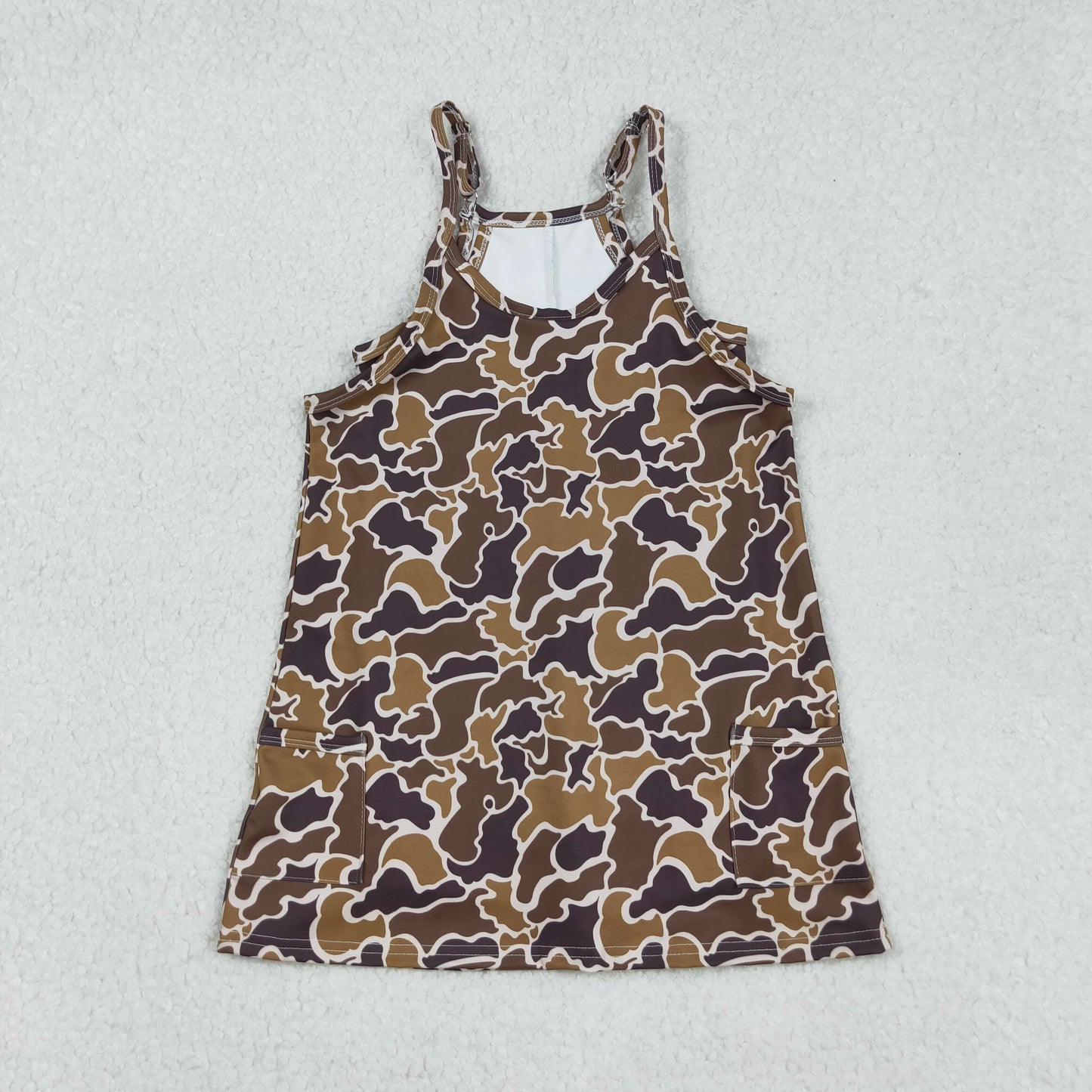 Baby Girl Straps Brown Camo Pockets Yoga Active Knee Length Dress RTS