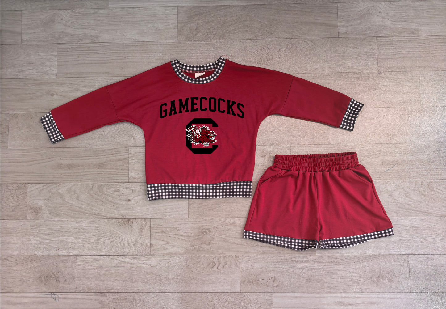 ( No moq ) Preorder Baby Girls Kids Long Sleeves Chicken Shirt Shorts Red Cotton Set Team Clothes