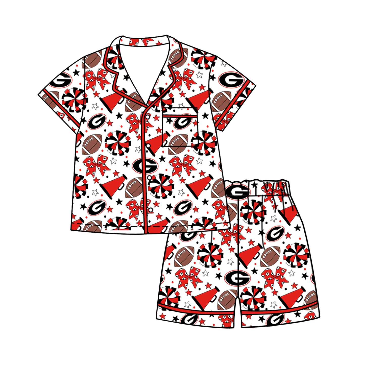( Moq 5 ) Baby Girls Kids Short Sleeves Red Bows Cheer Football Shirt Shorts Pajamas Set