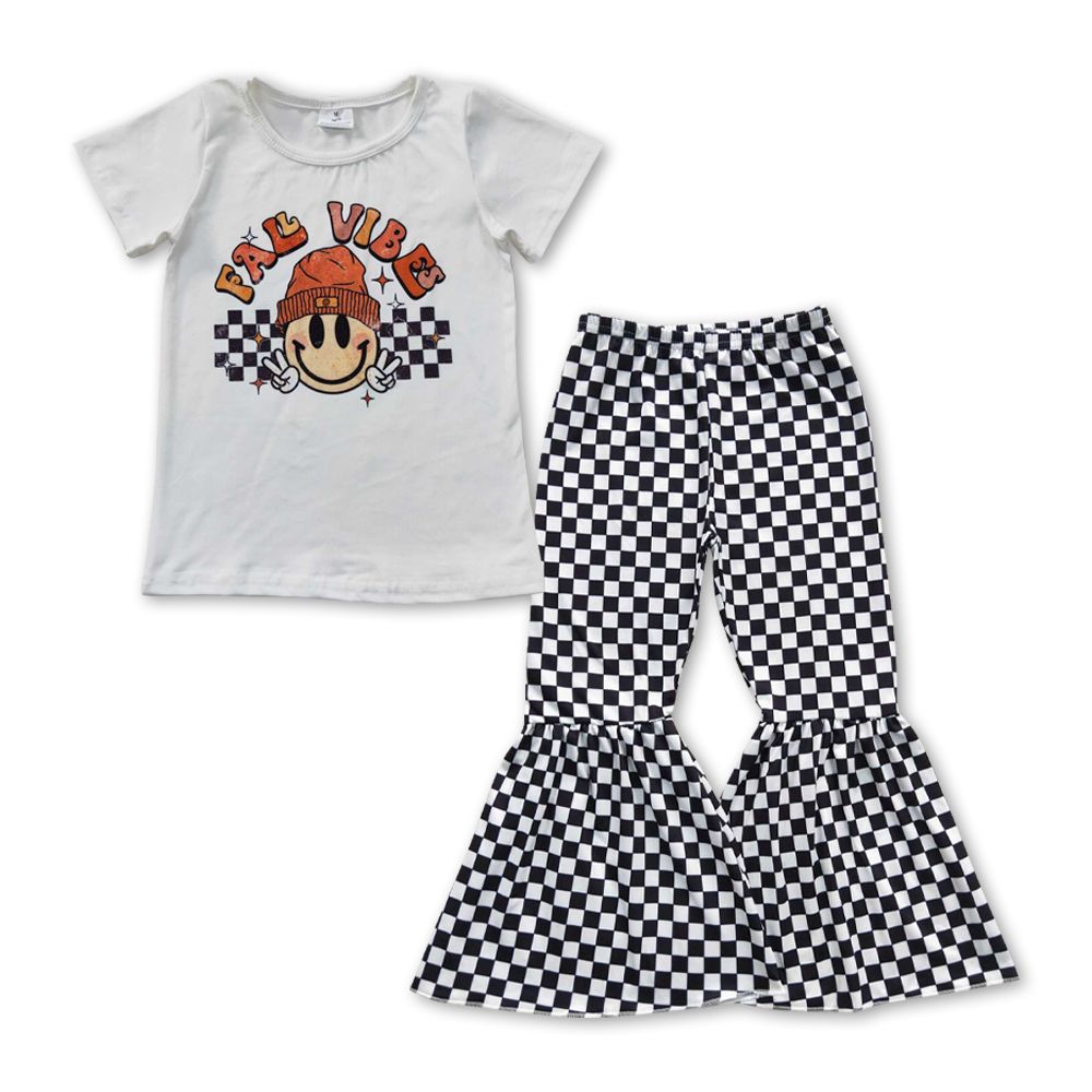 GSPO0844 Baby Girl Short Sleeves Shirt Checkered Bell Pants Outfit