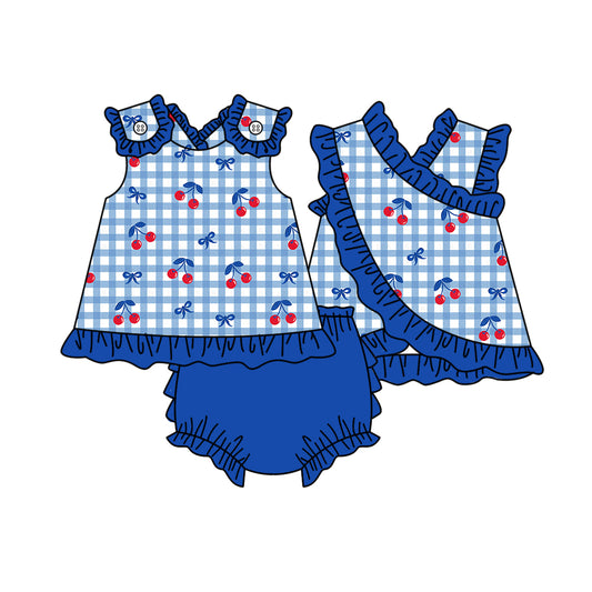 ( Moq 5 ) Preorder Baby Girl Kids Sleeveless Cherry Bow Plaid Tops Ruffle Blue Bummie Shorts Set Clothes