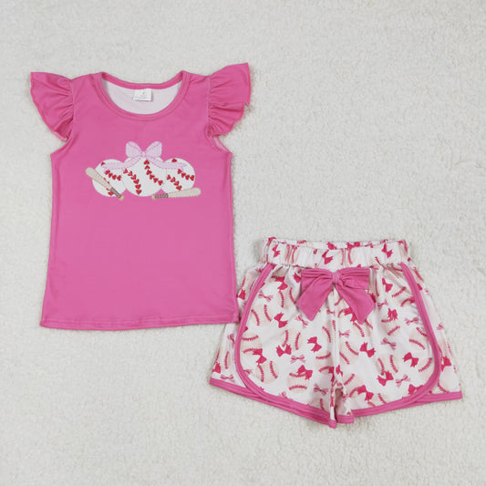 Baby Girl Short Sleeves Baseball Bows Shirt Bows Shorts Clothes Pink Set RTS