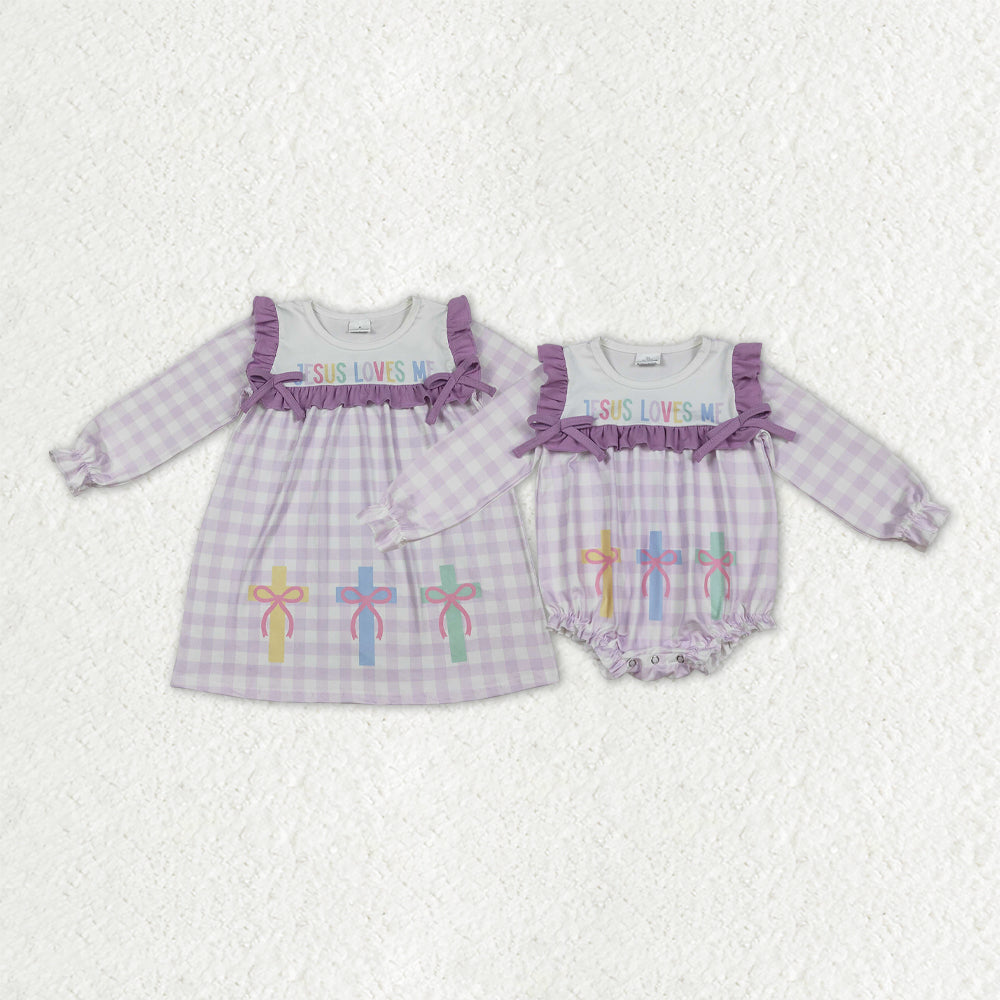 Sibling Girls Kids Long Sleeves Jesus Loves Me Purple Plaid Cross Easter Romper Dress RTS