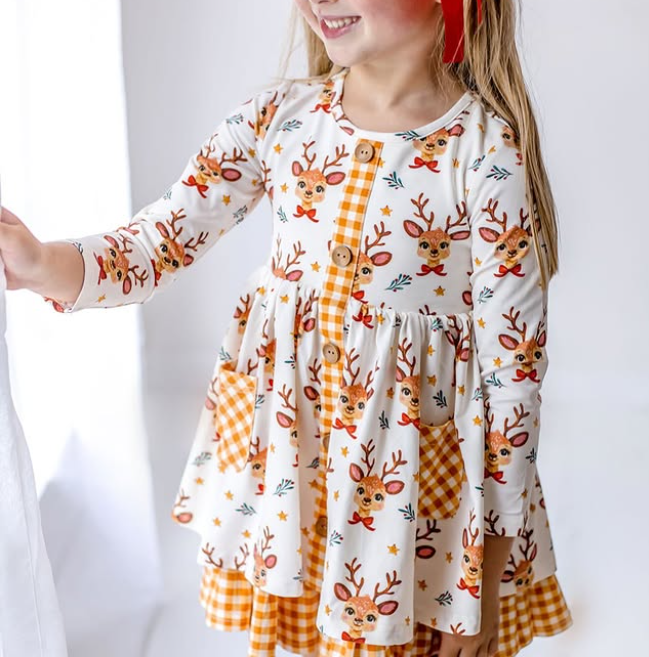 ( Moq 5 ) Preorder Baby Girl Long Sleeves Deer Plaid Pockets Christmas Plaid Ruffle Dress