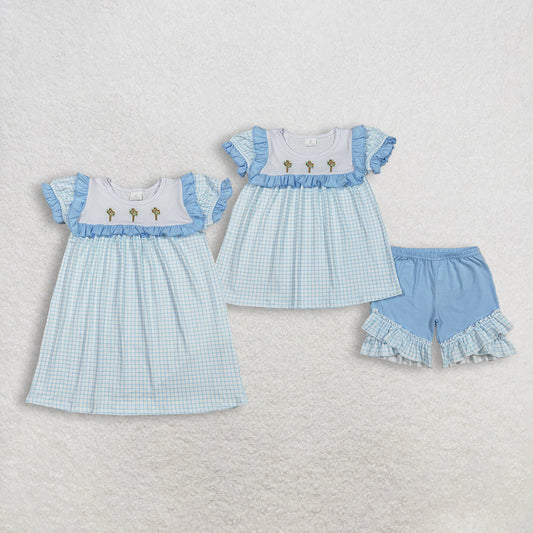 Sibling Baby Girls Kids Short Sleeves Embroidery Flower Crosses Blue Plaid Easter Dress Set RTS