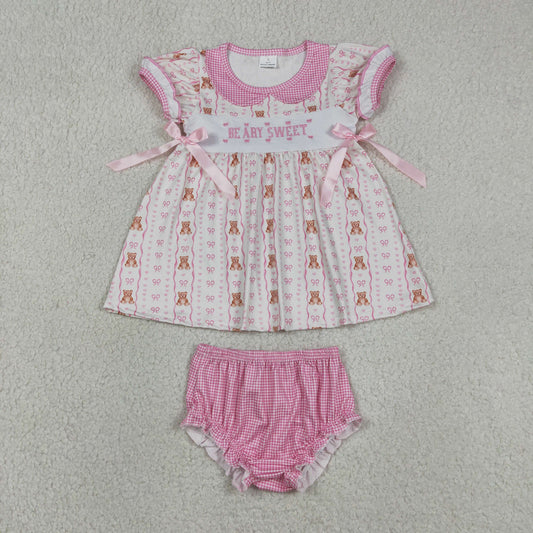 Baby Girls Kids Embroidery Beary Sweet Bows Tops Pink Bummie Set Summer Clothes RTS