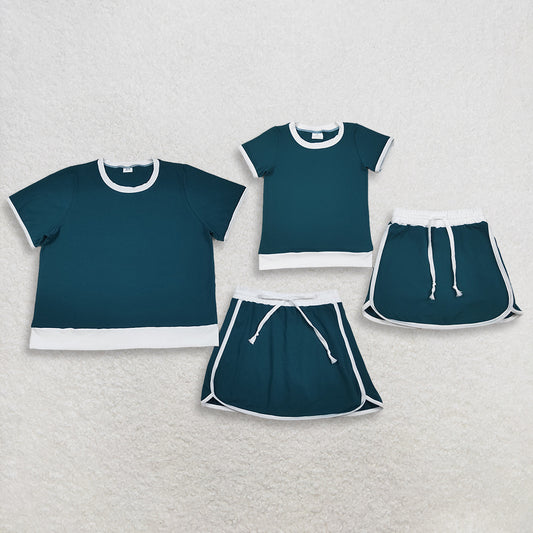 Sibling Baby Girls Adult Women Short Sleeves Green Cotton Shirts Skirts Shorts Sets Summer Clothes RTS