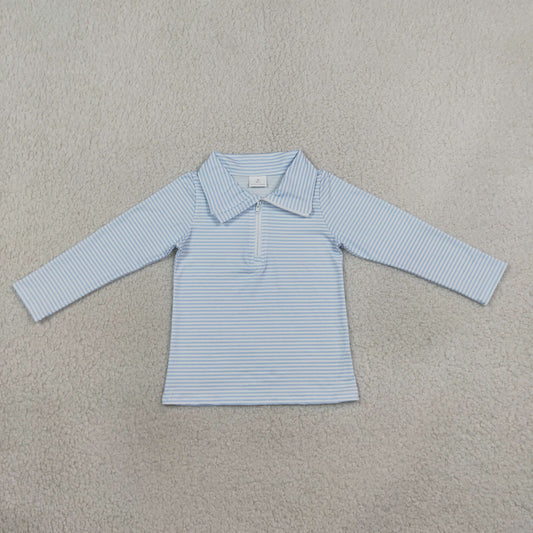 Baby Boy Kids Long Sleeves Blue Stripes Zipper Pullover Shirt Clothes RTS
