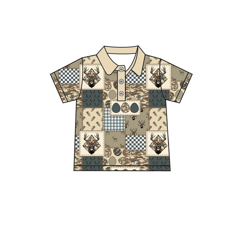 ( Moq 5 ) Preorder Baby Boys Kids Short Sleeves Deer Eggs Easter Buttons Shirt Camo Clothes