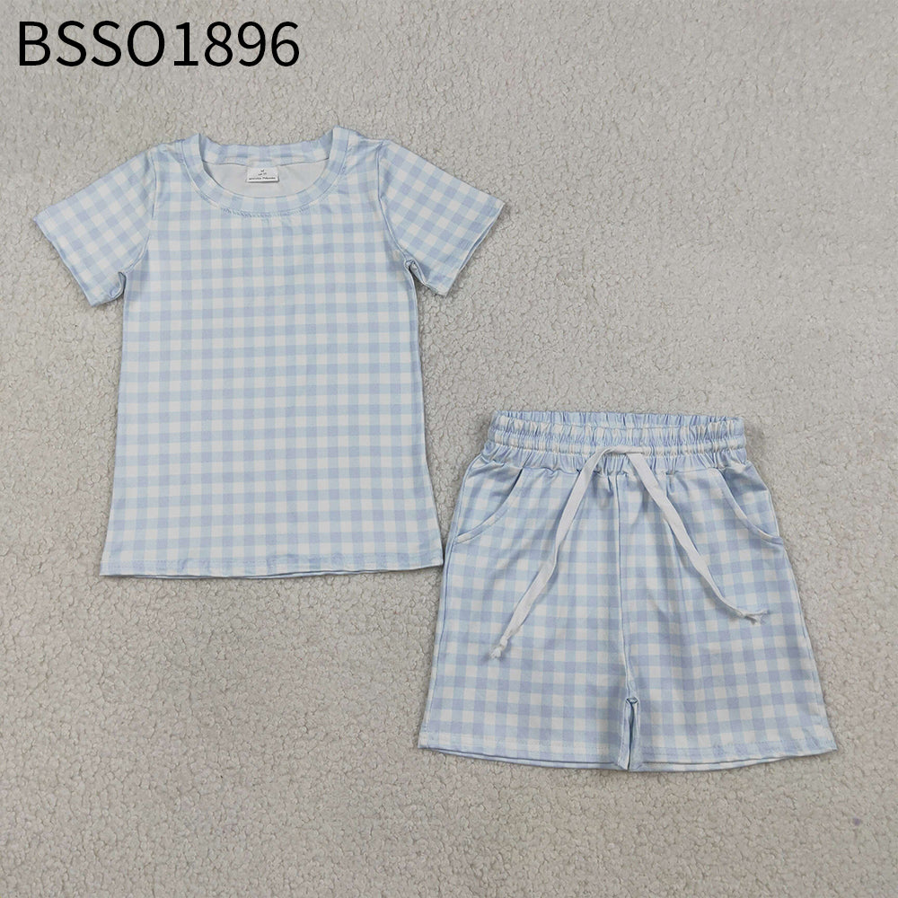 Baby Boys Kids Short Sleeves Blue Plaid Shirt Pockets Shorts Summer Clothes Set RTS