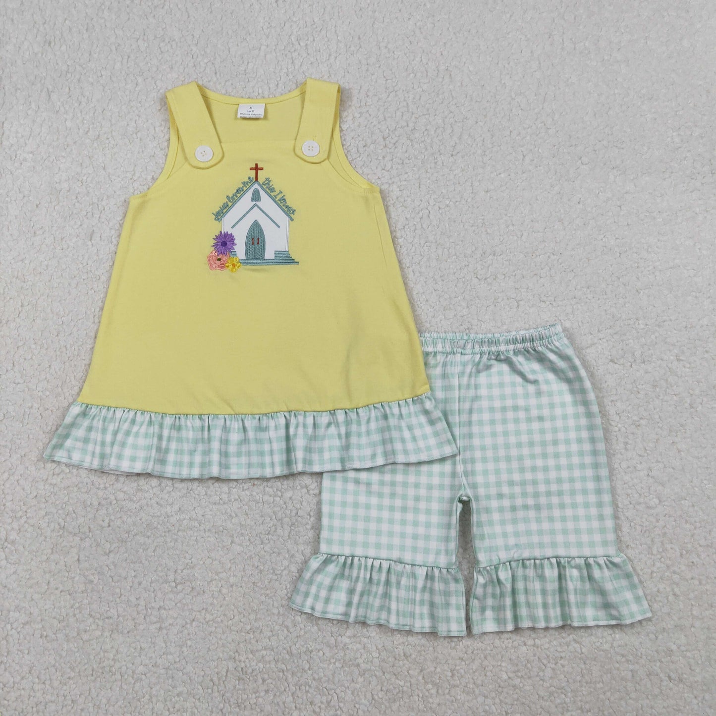 Baby Girls Sleeveless Embroidery Cross Jesus Tops Green Plaid Shorts Easter Set RTS