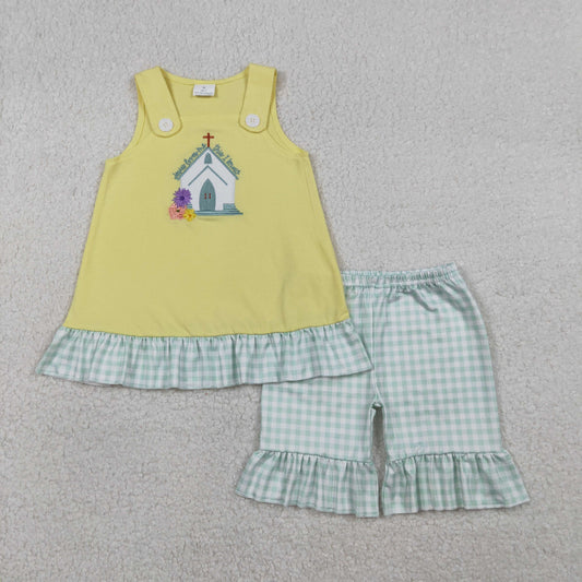 Baby Girls Sleeveless Embroidery Cross Jesus Tops Green Plaid Shorts Easter Set RTS