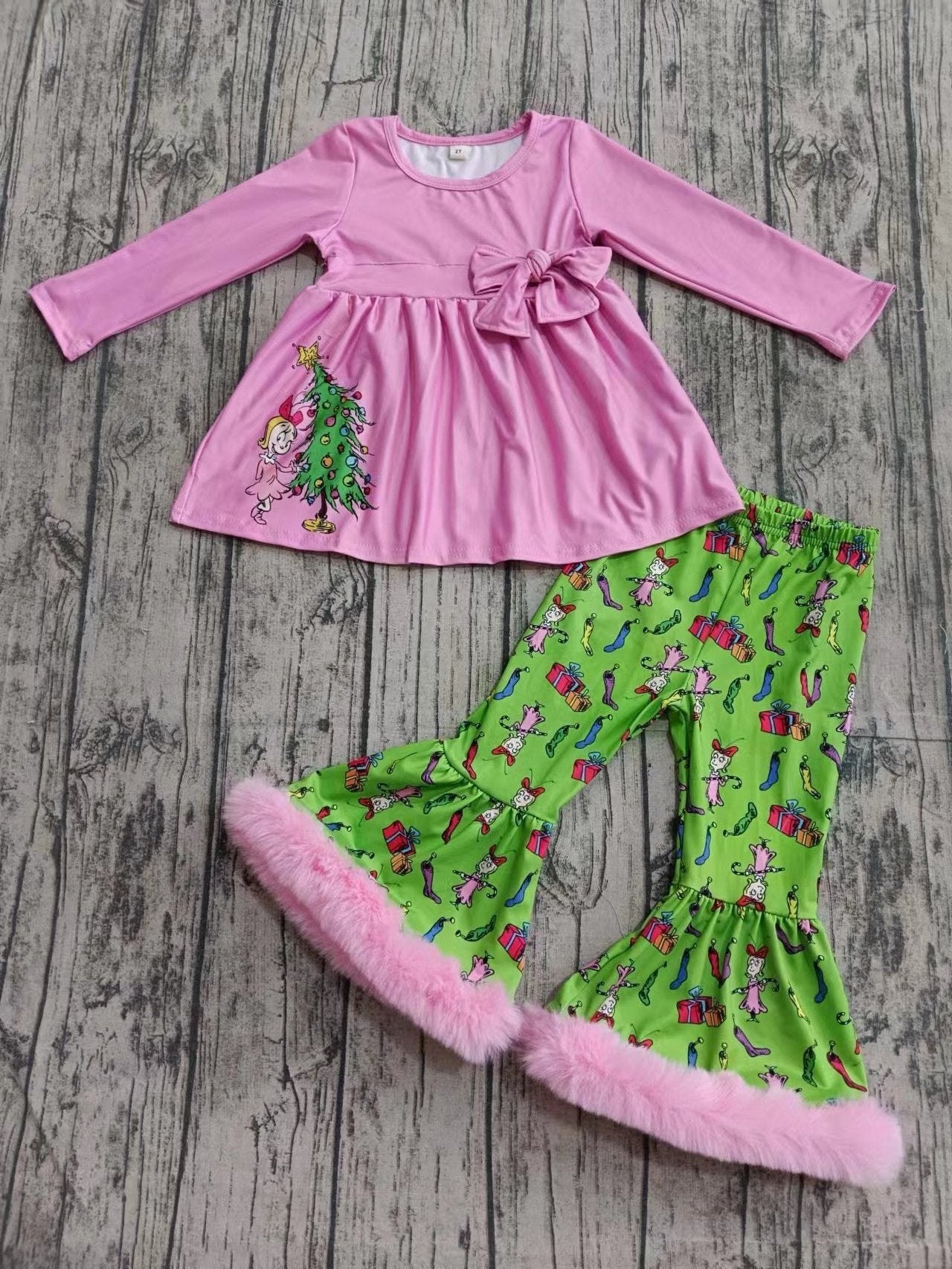 ( Moq 5 ) Baby Girl Long Sleeves Christmas Pink Tunic Green Face Fur Pants Clothes Set