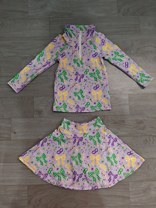 ( No moq ) Preorder Baby Girls Kids Masks Bows Zip Shirt Skirt Shorts Set Mardi Gras Yoga Clothes