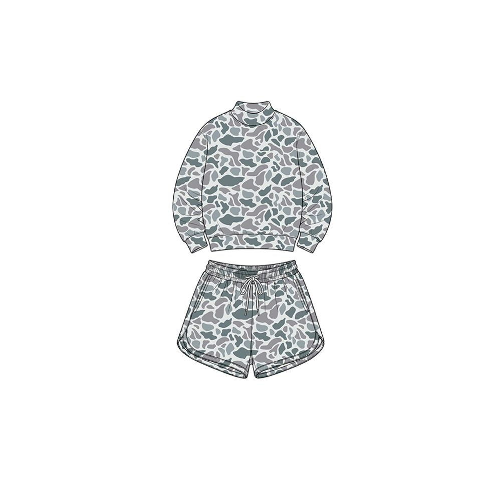 ( Moq 5 ) Preorder Baby Girls Kids Long Sleeves Grey Camo Shirt Pockets Shorts Set Yoga Active Clothes
