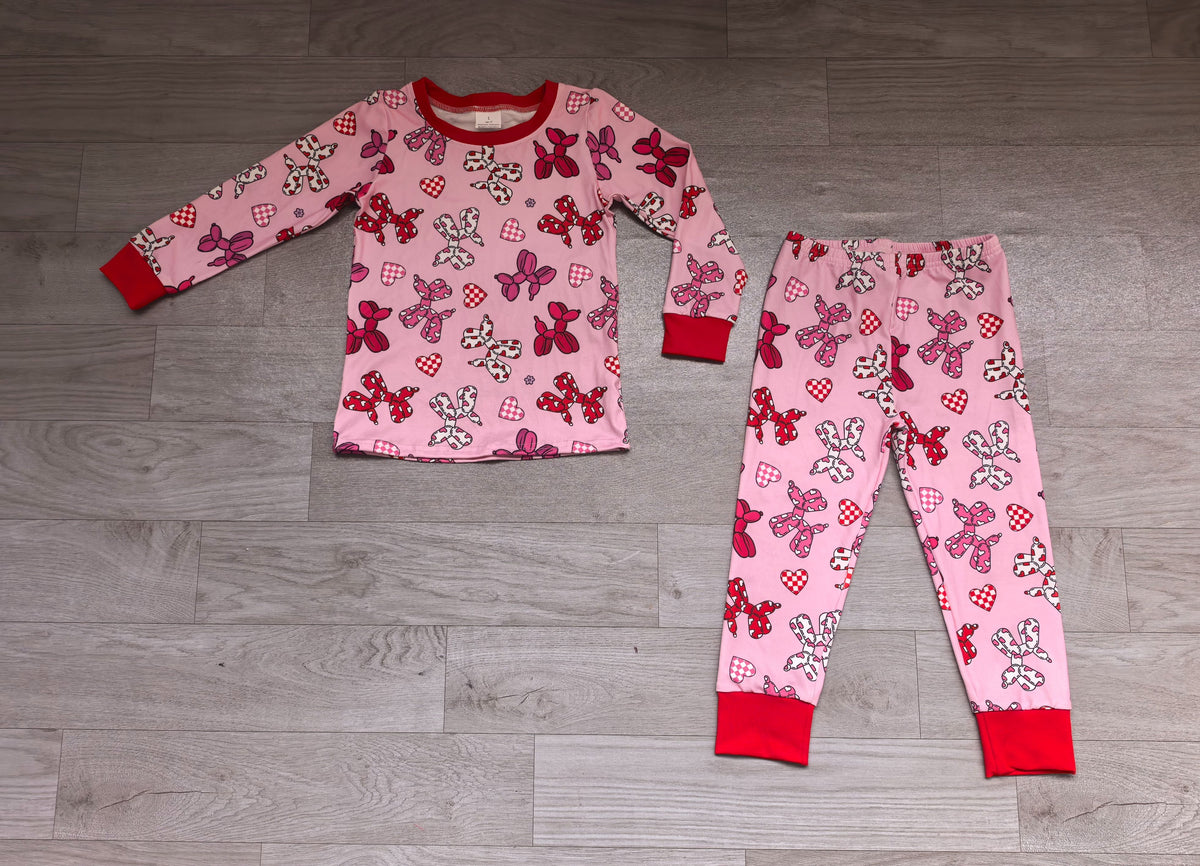 ( No moq ) Preorder Baby Girls Kids Checked Hearts Dogs Shirt Pants Set Pajamas Valentine Clothes