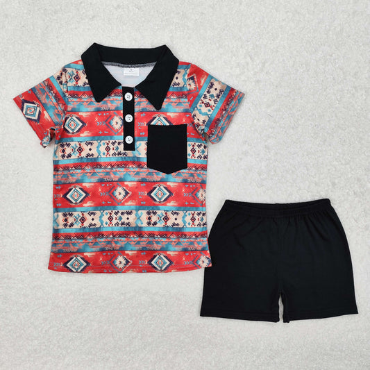 Baby Boy Short Sleeves Western Aztec Pocket Black Shirt Shorts Clothes Set