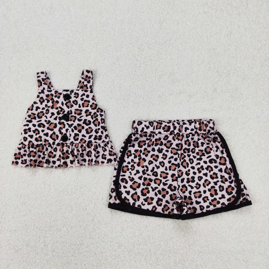 Baby Girl Straps Leopard Buttons Ruffle Tops Shorts Set RTS