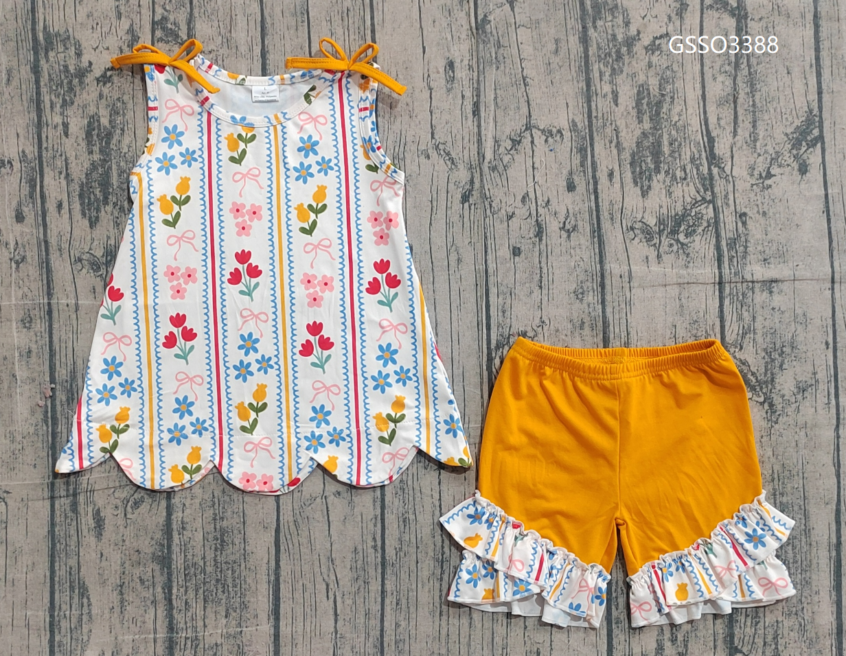 Baby Girls Kids Orange Bows Flower Scallop Tops Ruffle Shorts Summer Set RTS