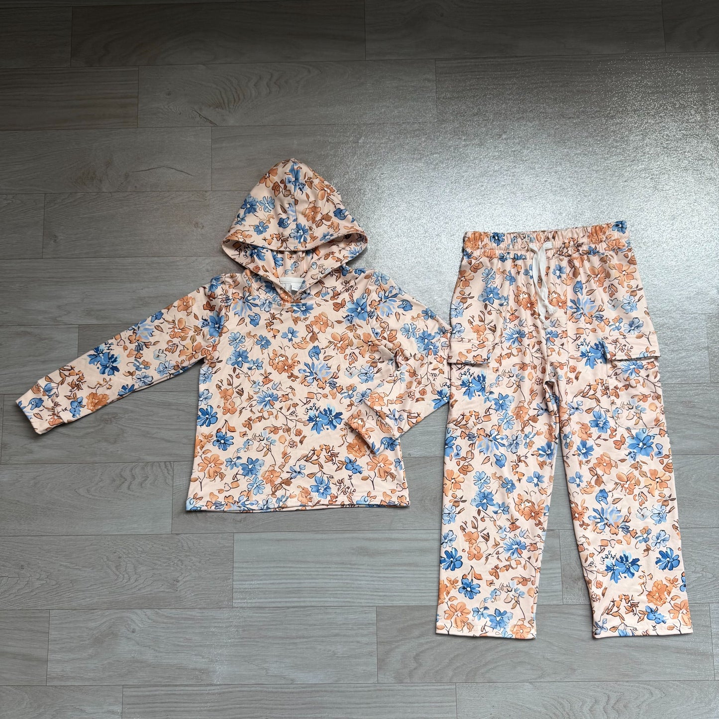 ( No moq ) Preorder Baby Girls Kids Long Sleeves Hoodie Flower Pullover Pockets Pants Set Clothes