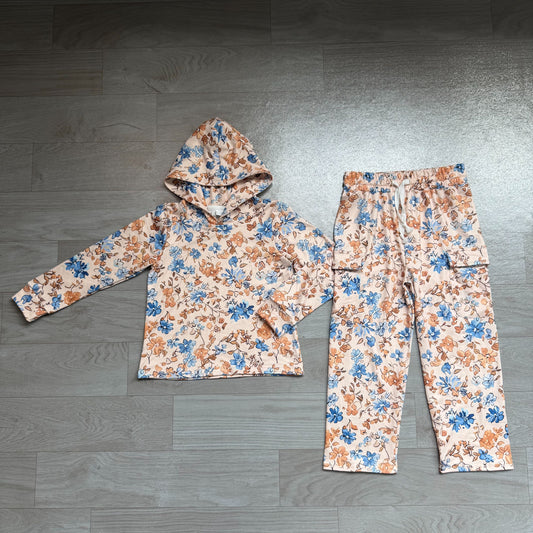 ( No moq ) Preorder Baby Girls Kids Long Sleeves Hoodie Flower Pullover Pockets Pants Set Clothes