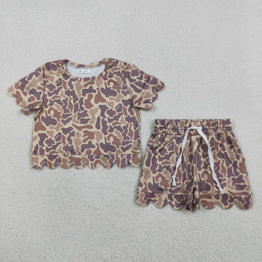 Baby Girls Kids Short Sleeves Khaki Camo Shirt Pockets Scallop Shorts Clothes Set RTS