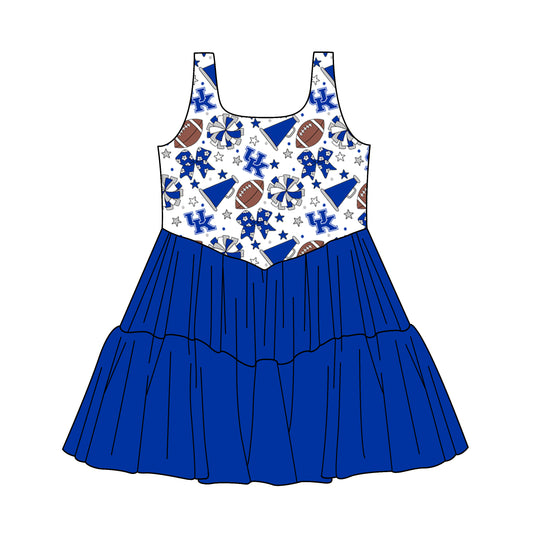 ( Moq 5 ) Baby Girls Toddler Blue Bows Cheer Football Ruffle Dress Team Clothes