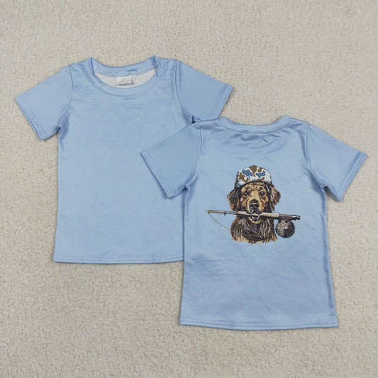 Baby Boys Kids Short Sleeves Dog Fishing Blue Shirt Tops RTS