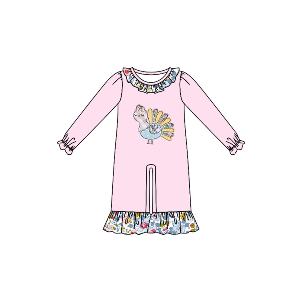 ( Moq 5 ) Preorder Baby Girls Infant Pink Long Sleeves turkey Flower Thanksgiving Romper Clothes