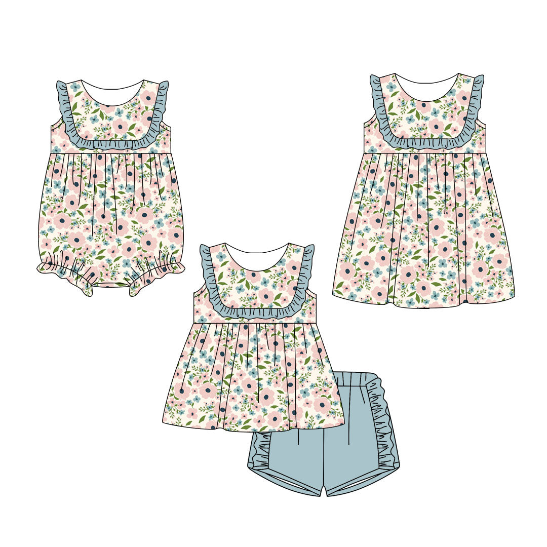 ( Moq 5 Each Style ) Sibling Baby Girls Kids Sleeveless Flower Green Ruffle Romper Dress Set