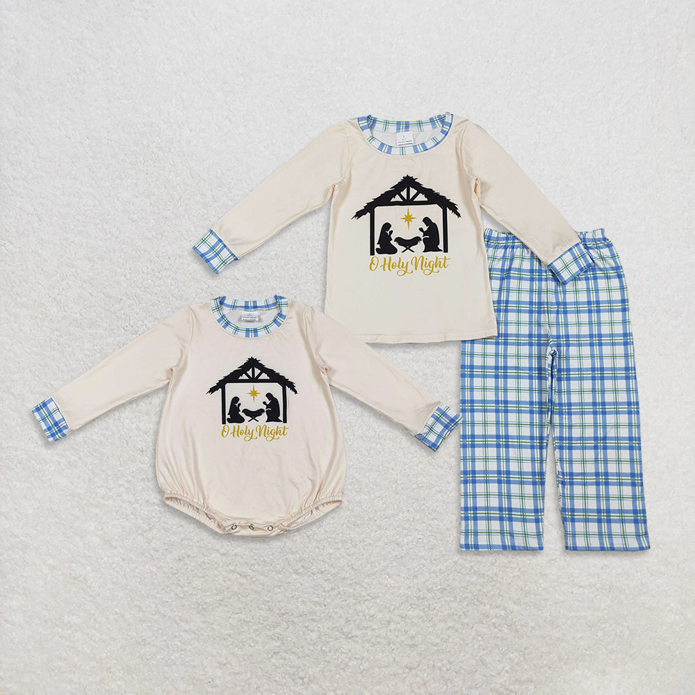 Sibling Baby Boys Kids Long Sleeves Jesus Nativity Plaid Romper Set RTS