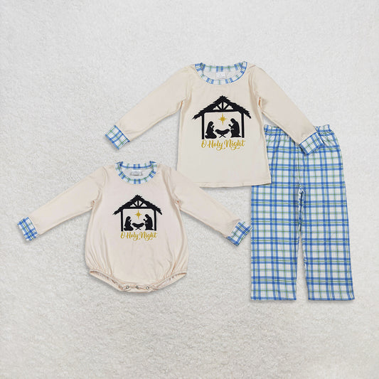 Sibling Baby Boys Kids Long Sleeves Jesus Nativity Plaid Romper Set RTS