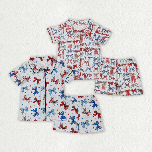 Baby Girl Short Sleeves Bows Buttons Shirt Shorts Sibling 4th Of July Pajamas Set RTS