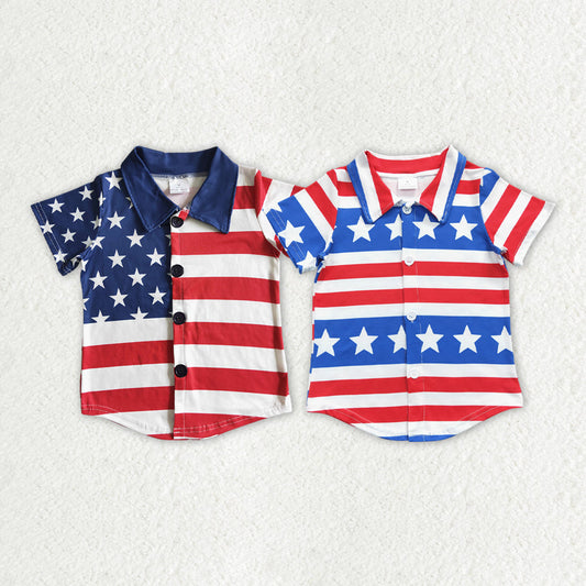 Baby Boy Short Sleeves July 4th Stars Stripes Sibling Buttons Shirt RTS