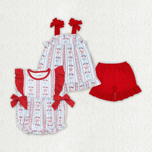 Baby Girl 4th Of July FlagS Bows Sibling Romper Outfit Clothes RTS