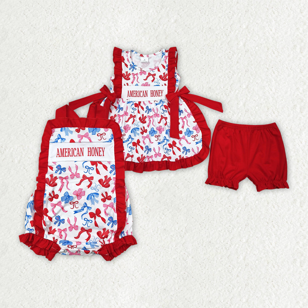 Baby Girl Sleeveless Bows 4th Of July Sibling Romper Outfit RTS