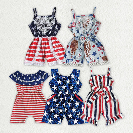 Baby Girl Sleeveless 4th Of July Stars Stripes Sibling Jumpsuit RTS